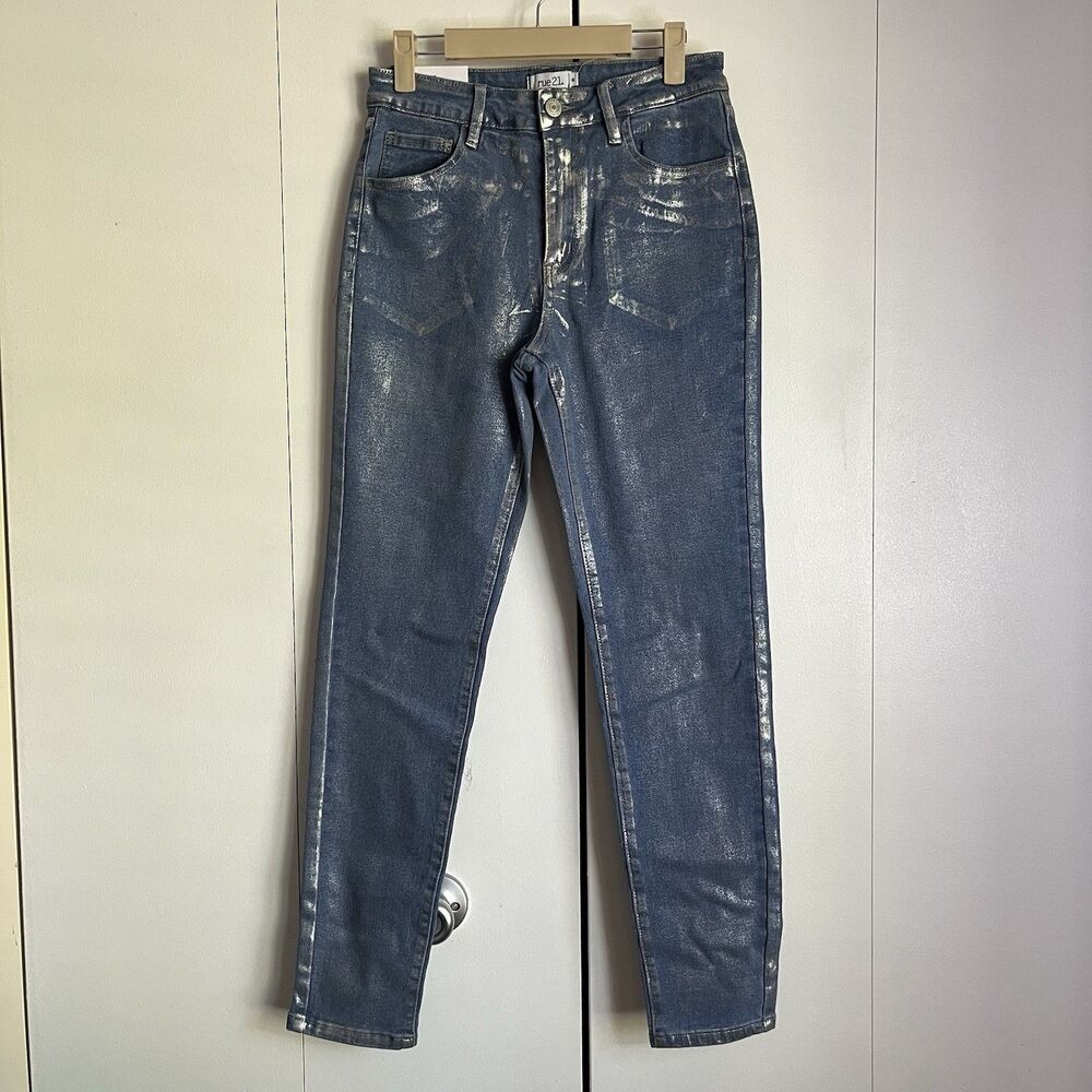 NWT Rue21 High Rise Skinny Jeans Women's 8 Blue Silver Metallic Foil Stretch
